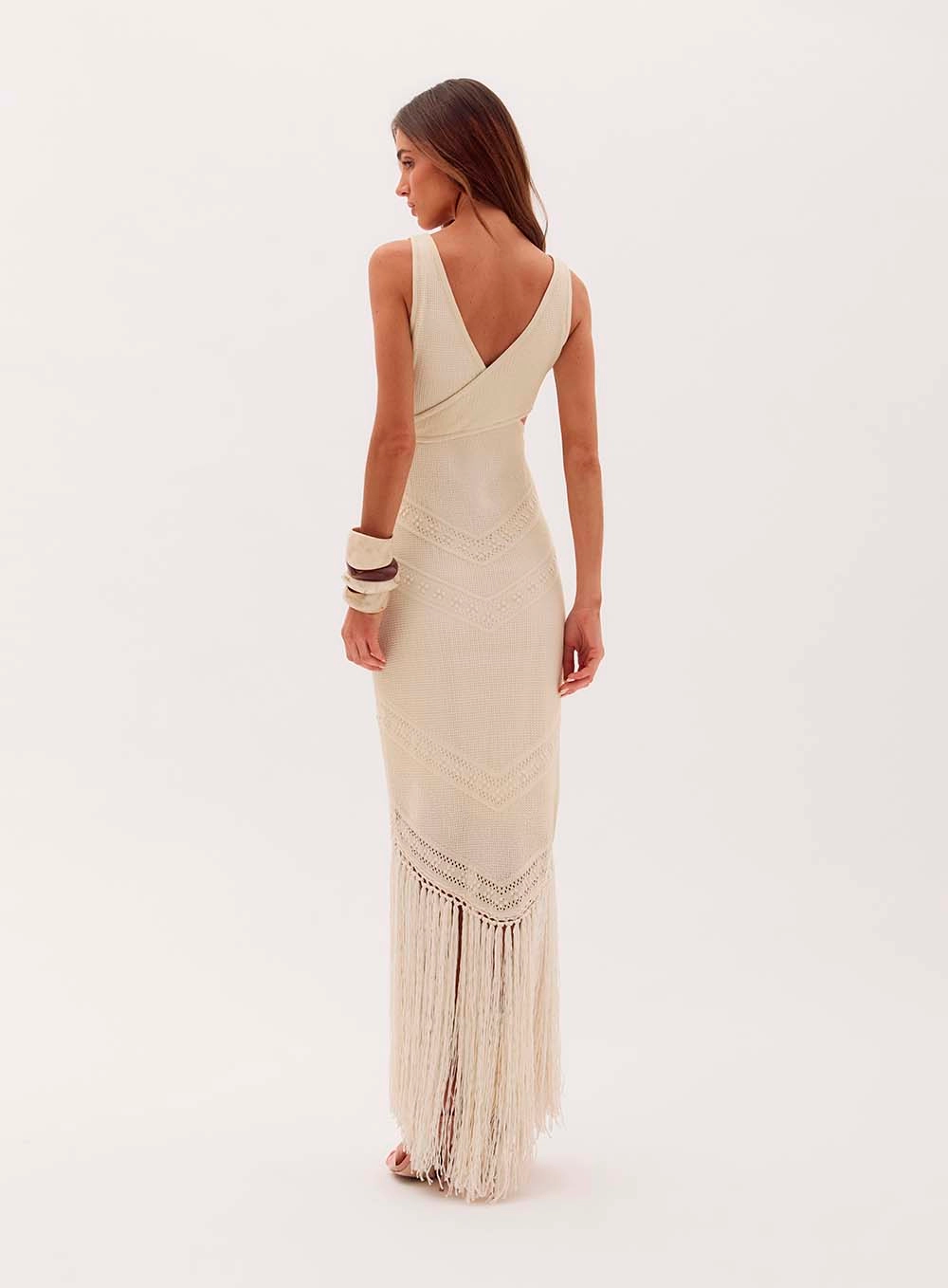 Long Knitted Dress with Cutouts and Fringe by Tabata