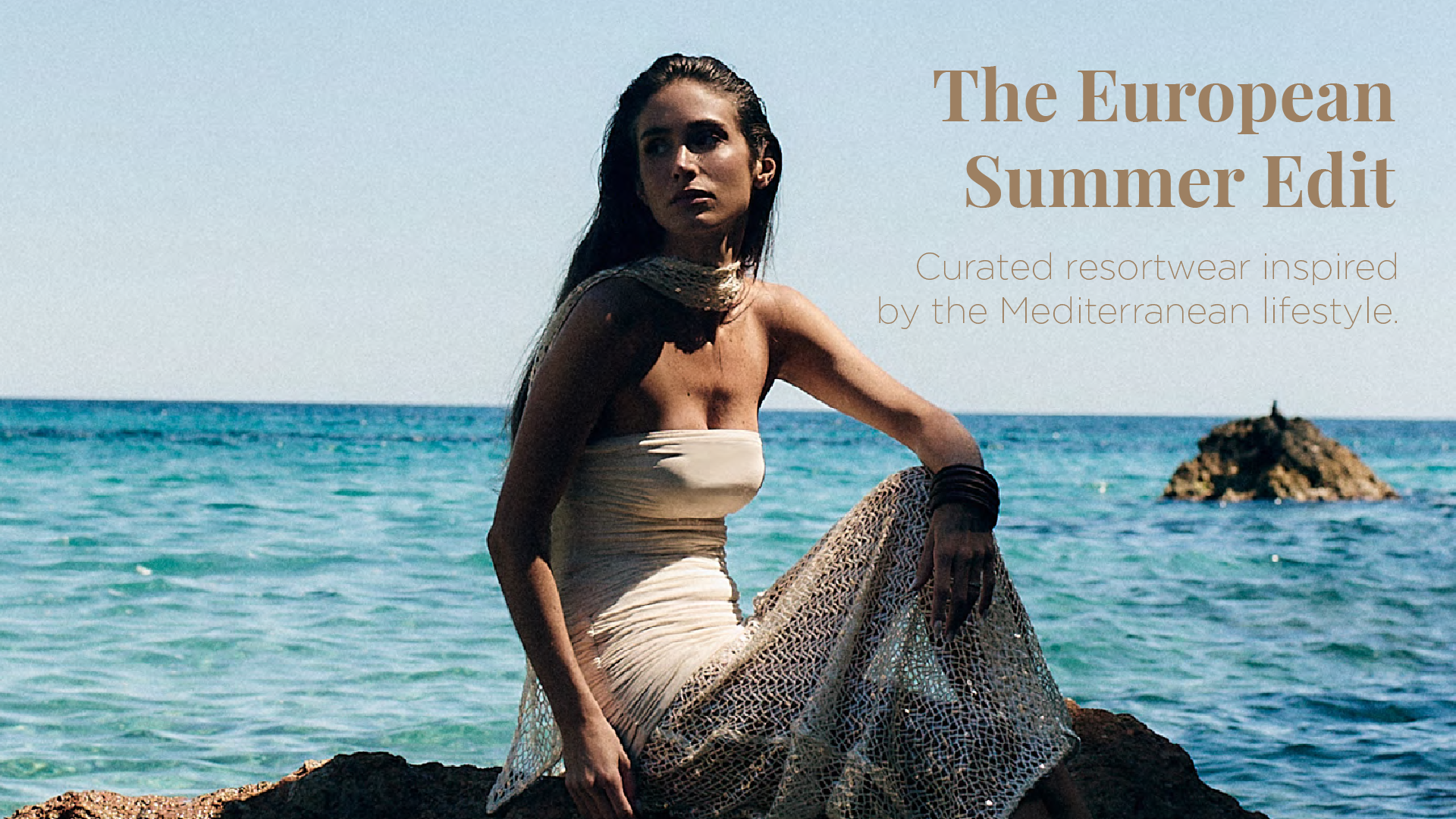 Woman sitting on a rock by the ocean with text overlay about a summer edit inspired by the Mediterranean lifestyle.